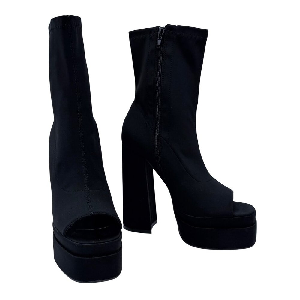 NIB Black Platform Open Toe Chunky Heel Lug Sole Casual Sexy Ankle Boots 10 - Picture 13 of 16